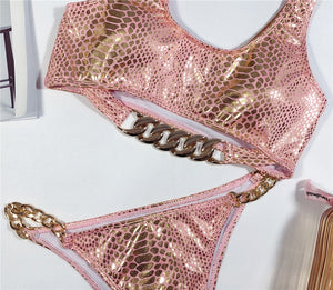 Baby Pink Snake Print Chain Swimsuit