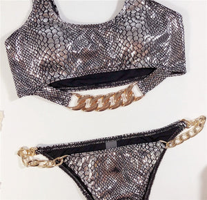 Gold Snake Print Chain Swimsuit