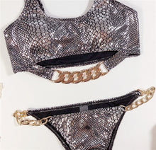 Silver Snake Print Chain Swimsuit