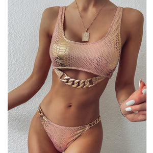 Baby Pink Snake Print Chain Swimsuit
