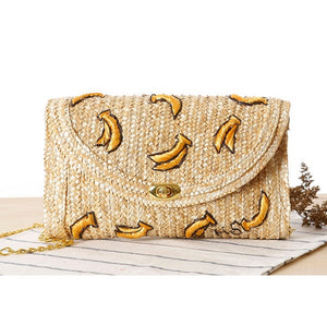 Banana Embroidery Straw Messenger Beach Bag