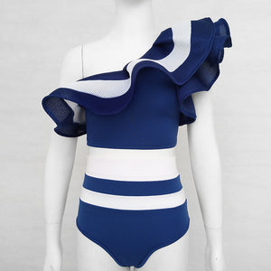 Clever Kittens Off Shoulder Crop Top and Shorts Swimsuit Bikini With Ruffles Blue
