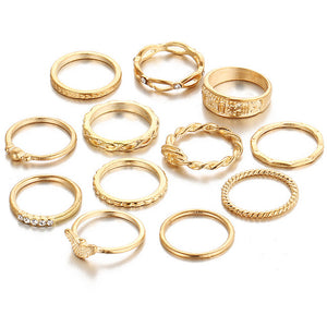 Twelve Piece Gold Midi Finger Ring Set