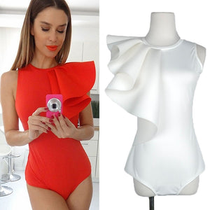Clever Kittens Backless Bodycon Playsuit with Ruffles Red White