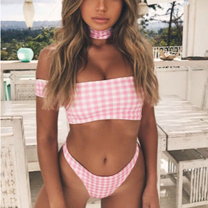 Rose Gingham Plaid Off The Shoulder High Waisted Swimsuit